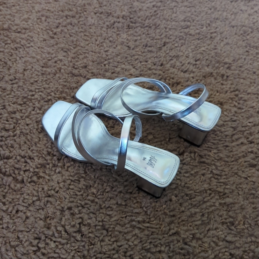 H&M Sliver Square Toe Heels with Ankle Straps